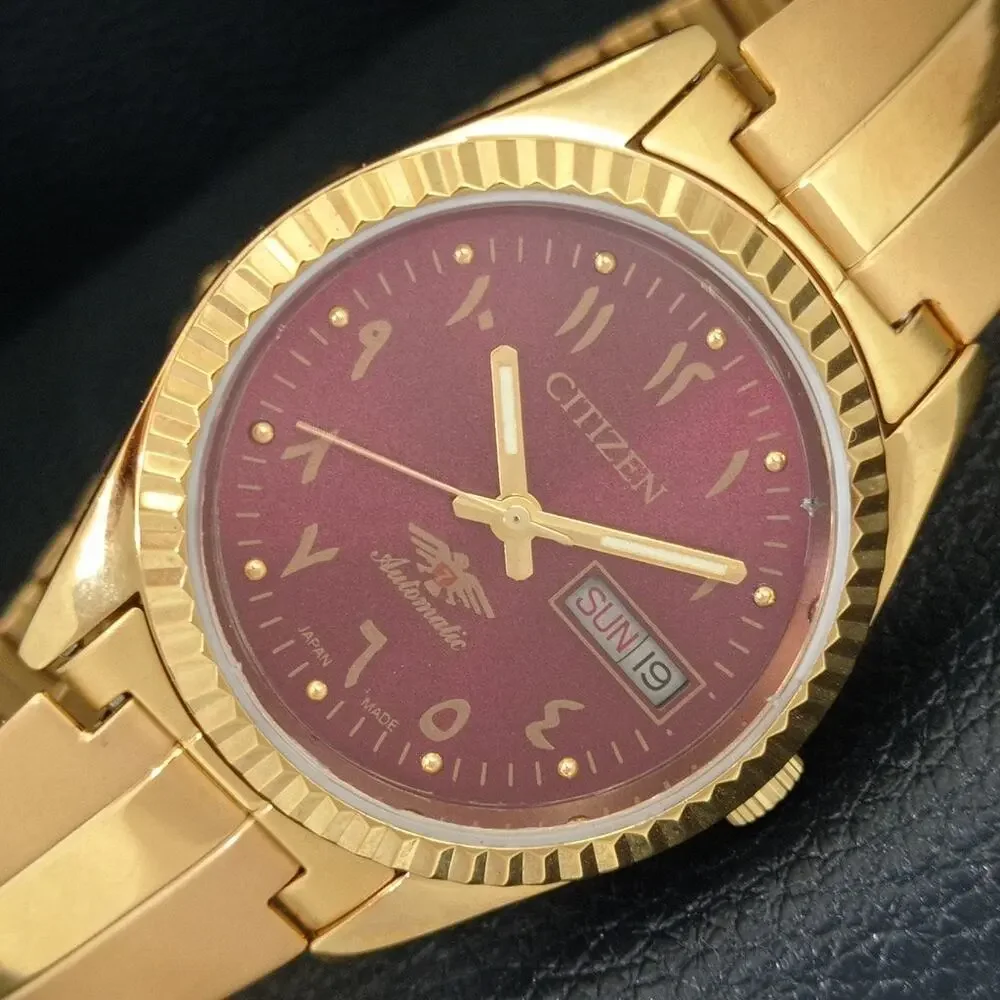 Vintage 1984 Citizen Automatic Mens Gold Watch W/daydate & Red accents